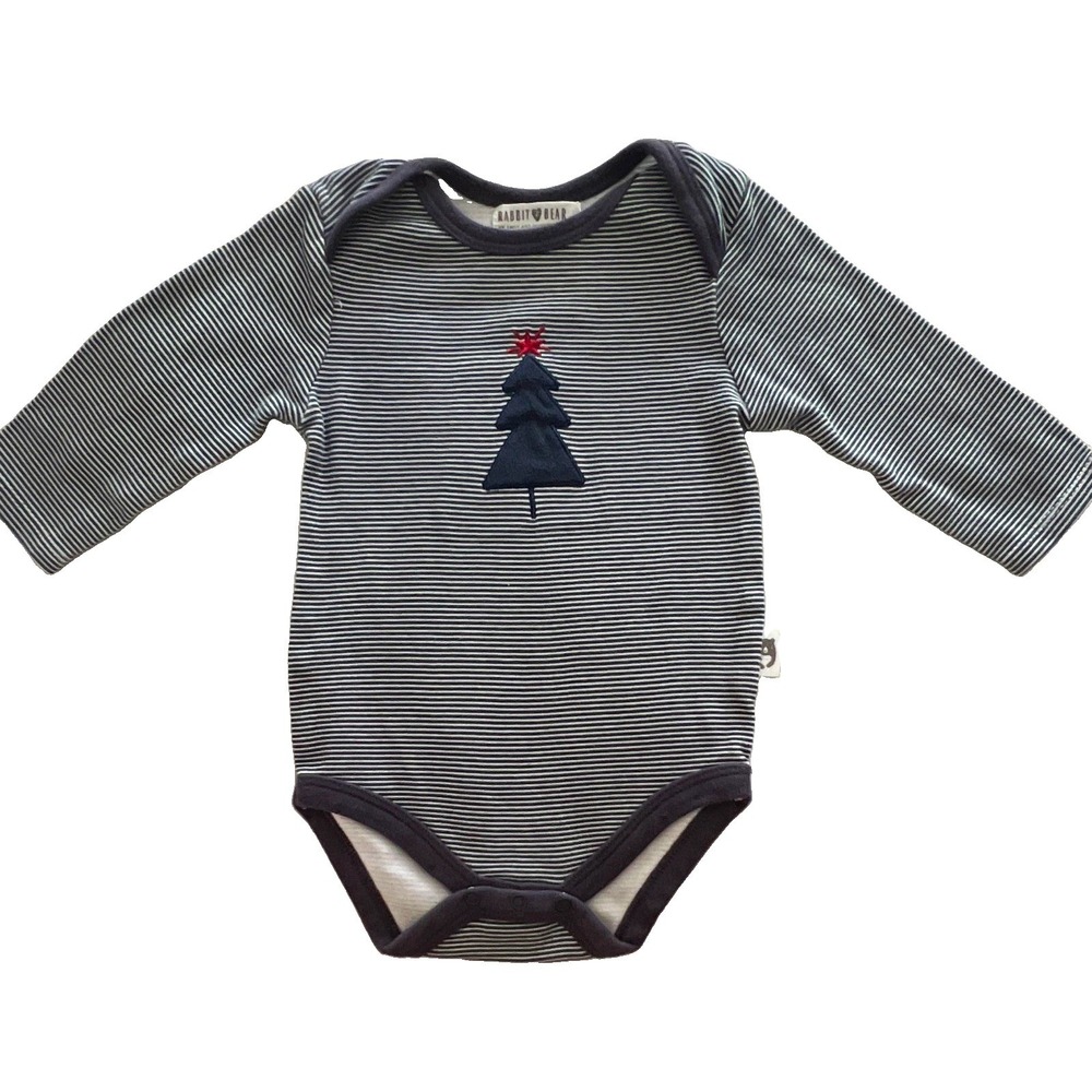 Rabbit Bear Newborn Navy/White Striped Christmas Tree Embroidered Snap bodysuit